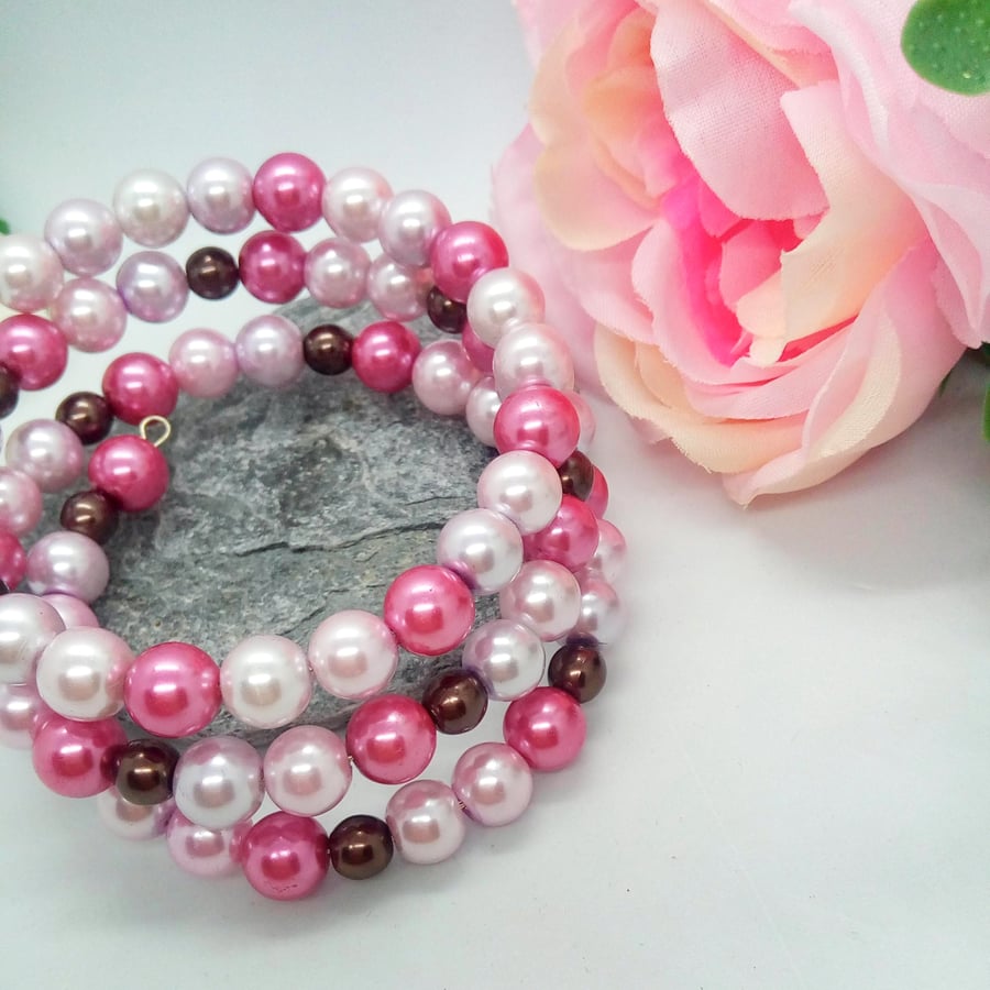 Lilac Pink and Chocolate Pearl Memory Wire Cuff Bracelet, Boho Jewellery