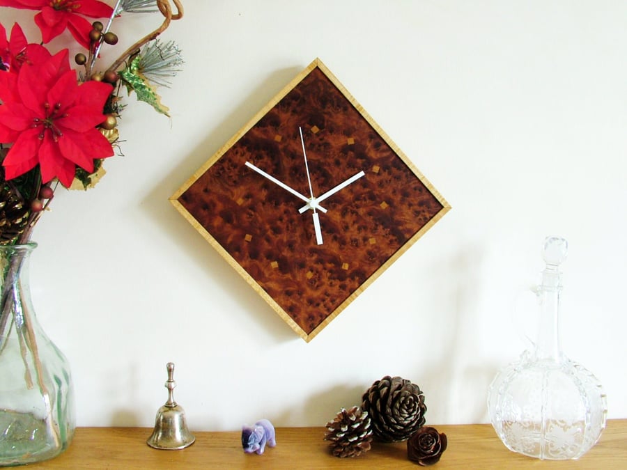 Handmade Wooden Wall Clock in rare Burr Thuja and Ripple Sycamore