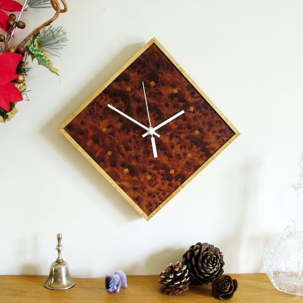 Handmade Wooden Wall Clock in rare Burr Thuja and Ripple Sycamore