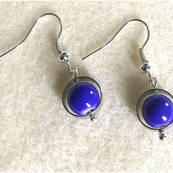 Purple, Blue Bead Silver Plated Dangle Earrings