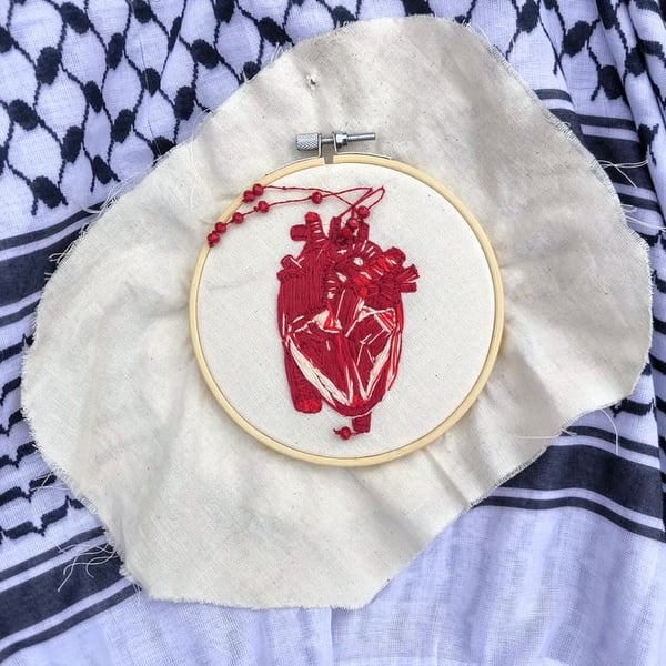 Bleeding heart - structurally accurate hand embroidery with hanging beads 