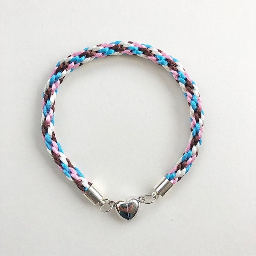 Kumihimo Friendship bracelet in cream, brown, pink & blue - approx. 7 inches