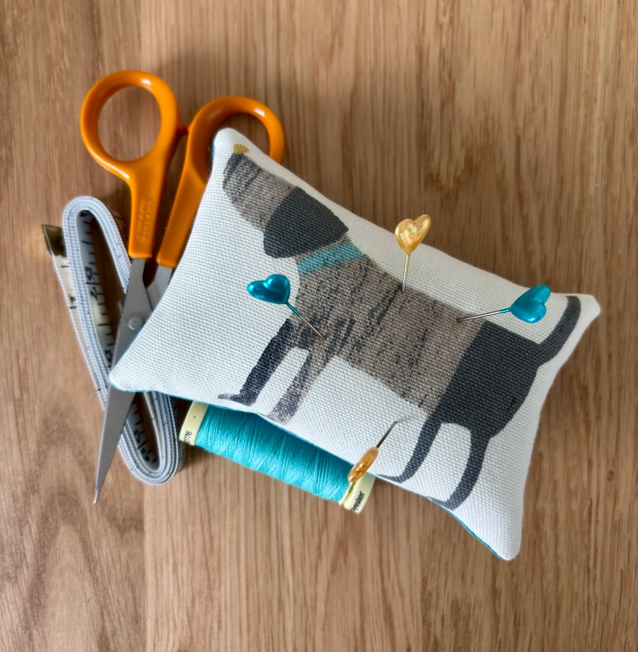 Cute ”stripey grey dog” pincushion with teal blue back