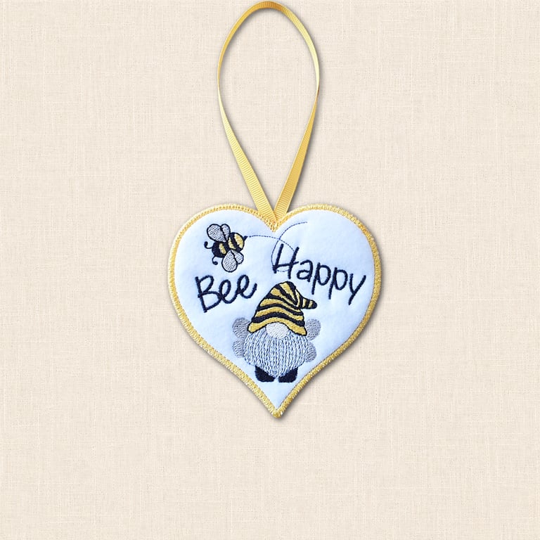 Bee Happy Gnome Heart Hanger - Embroidered Felt Decoration
