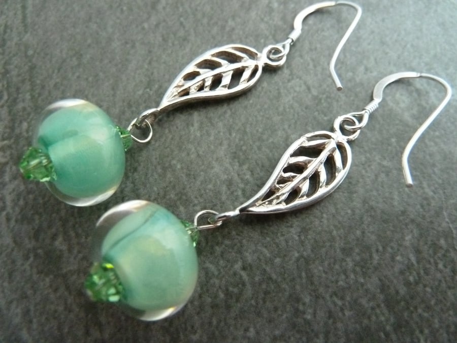 sterling silver leaf, green lampwork glass earrings