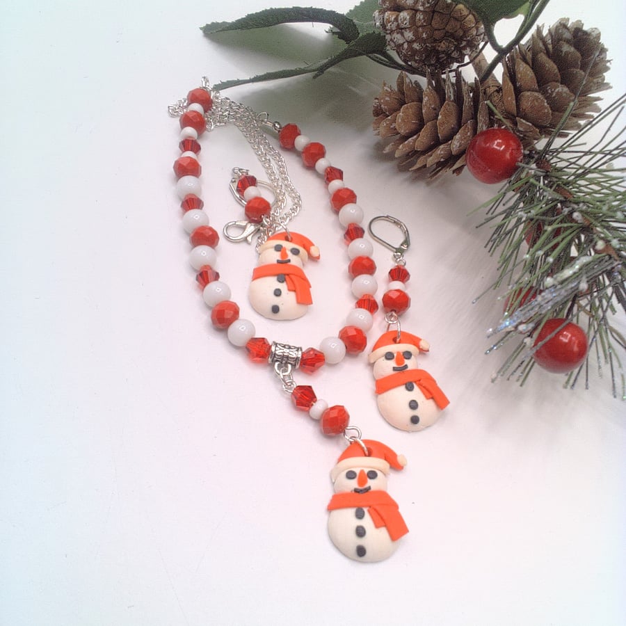 Clay Snowman Pendant on a Red and White Beaded Necklace and Earrings