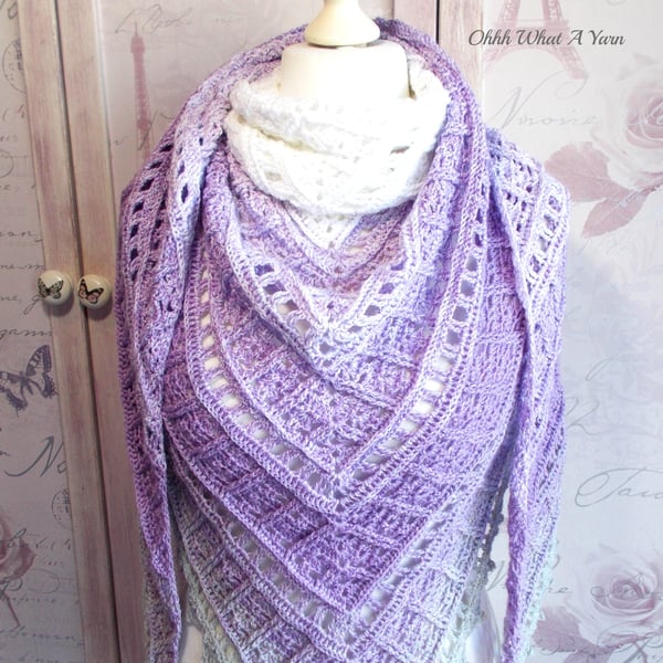 Crochet ombre acrylic shawl in shades of lilac, grey and white. Crochet shawl.