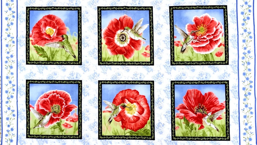 Poppy Meadows Floral Block Panel Vintage 100% Cotton Print Fabric