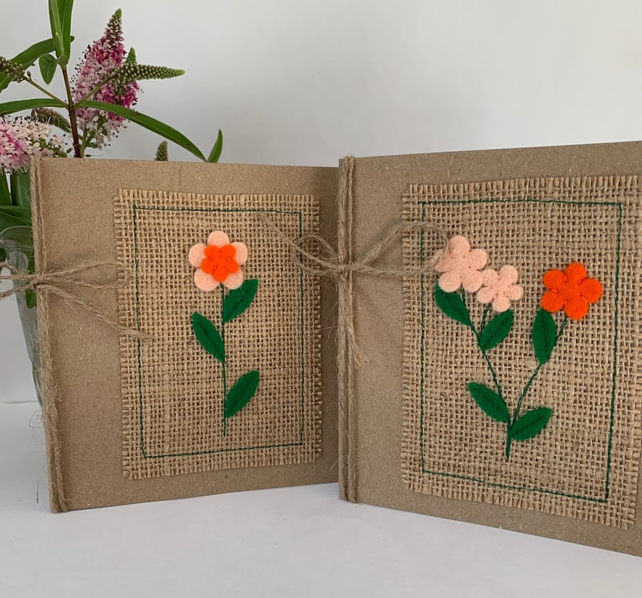 Pack of two handmade cards. Flowers from wool felt. Blank cards.