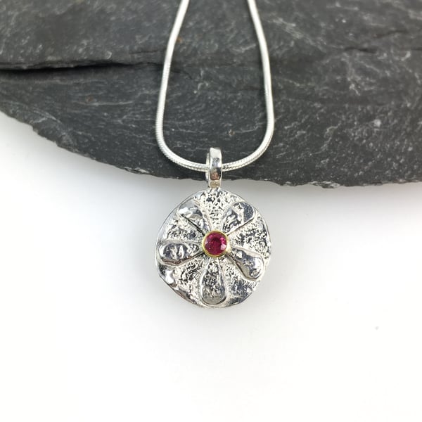 Silver and 18ct gold ruby Bloom pendant on chain