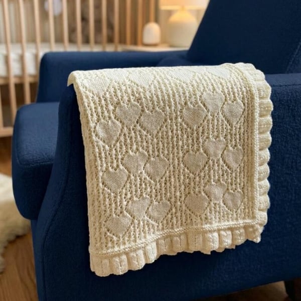 Hand Knitted Lemon Baby Shawl with Heart Lace and Ruffled Edge