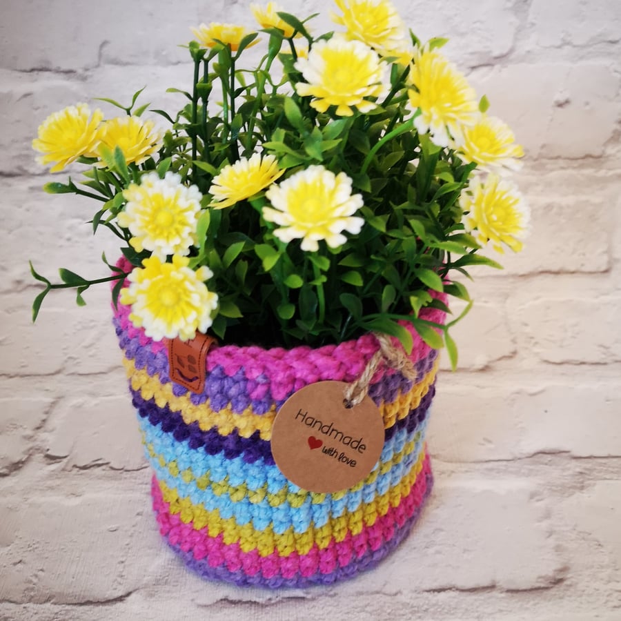 Crocheted Pot holder or Storage basket  (rainbow mix)   