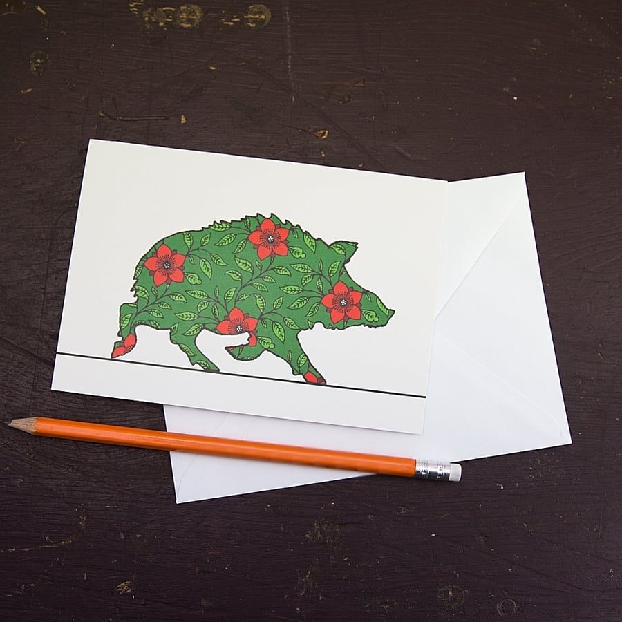 Wild Boar Greetings Card with Red Dogrose Pattern