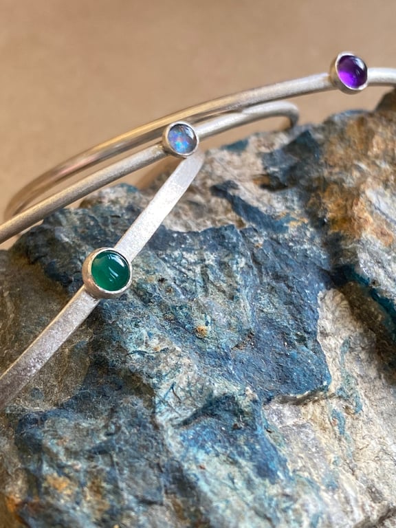 Sterling Silver Gem Bangles -  Amethyst or Green Onyx (Triplet Opal now sold)