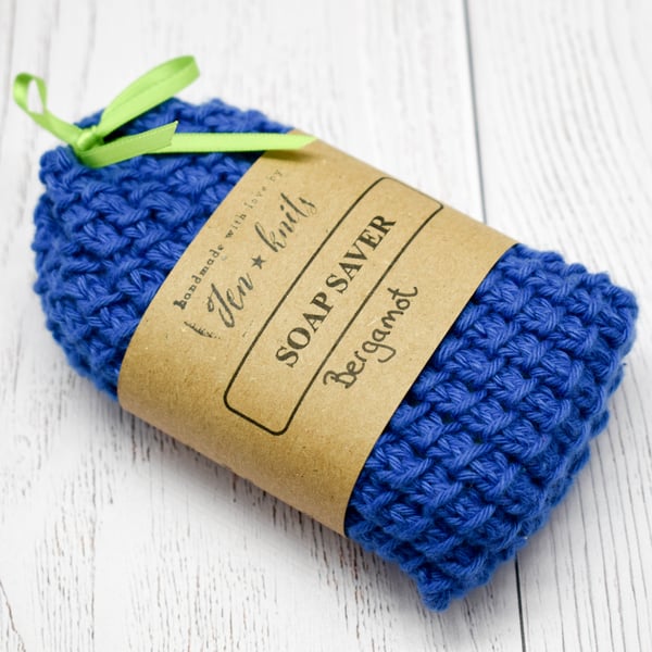 Hand knitted cotton soap saver - Blue - with Bergamot soap