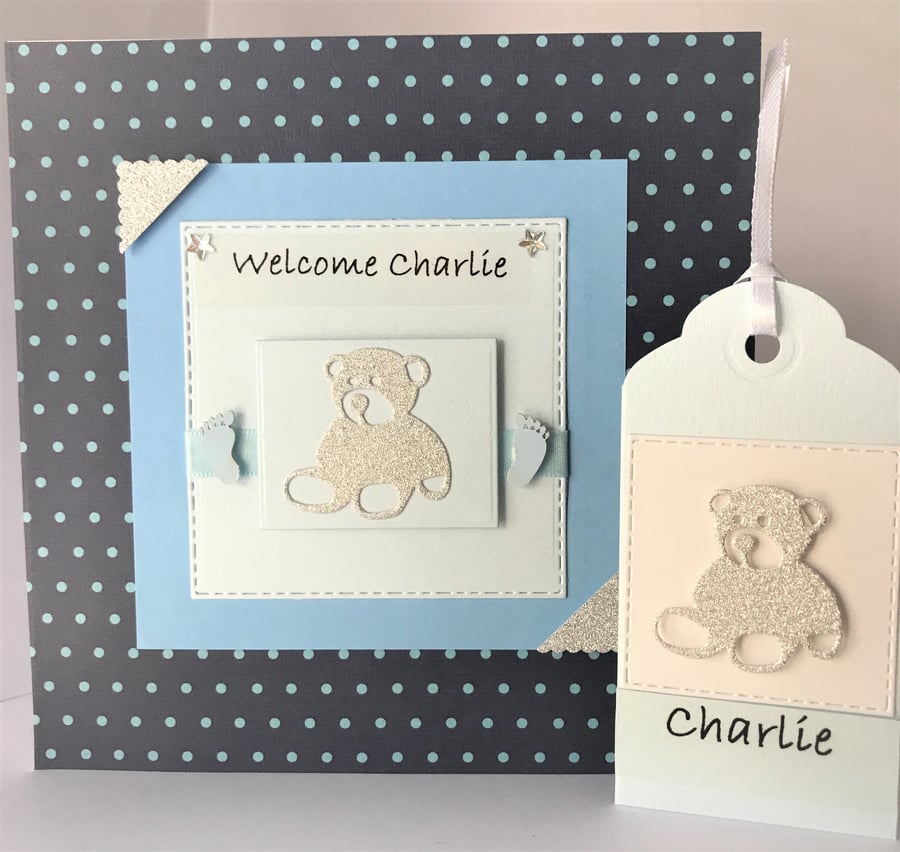 Handmade Blue New Baby Personalised Boy Teddy card 6 x 6 ins Matching Gift tag  