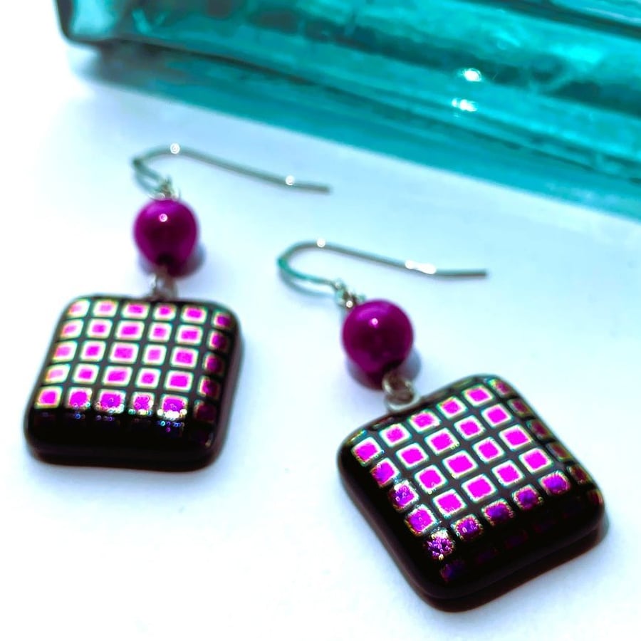 Pink and Purple fused glass earrings