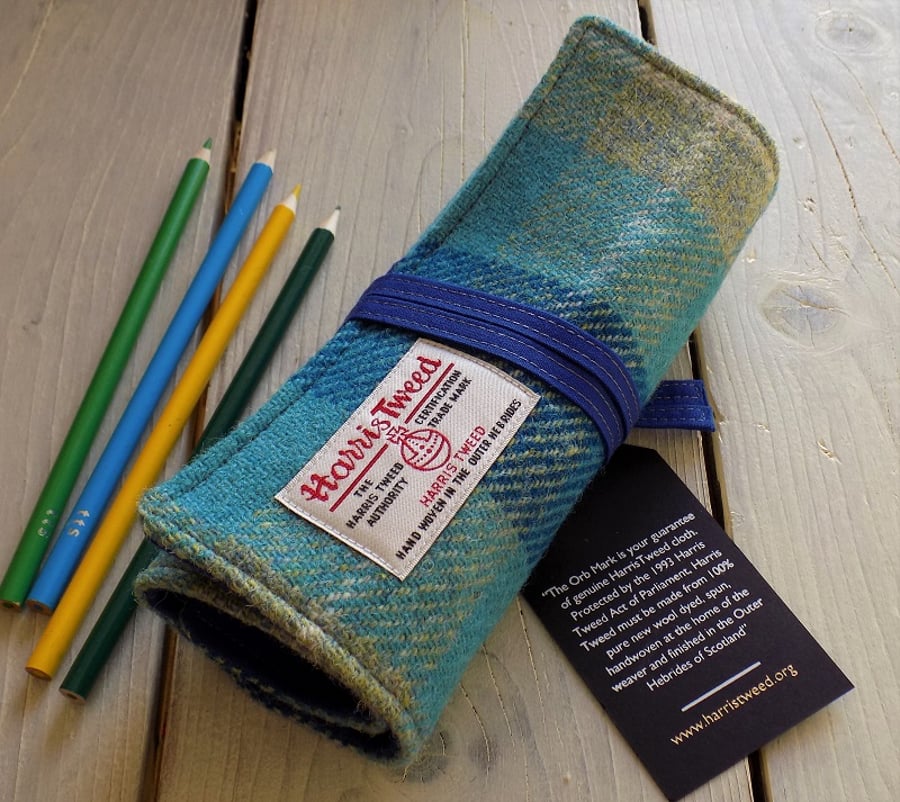 Harris Tweed pencils roll in turquoise tartan. With or without pencils