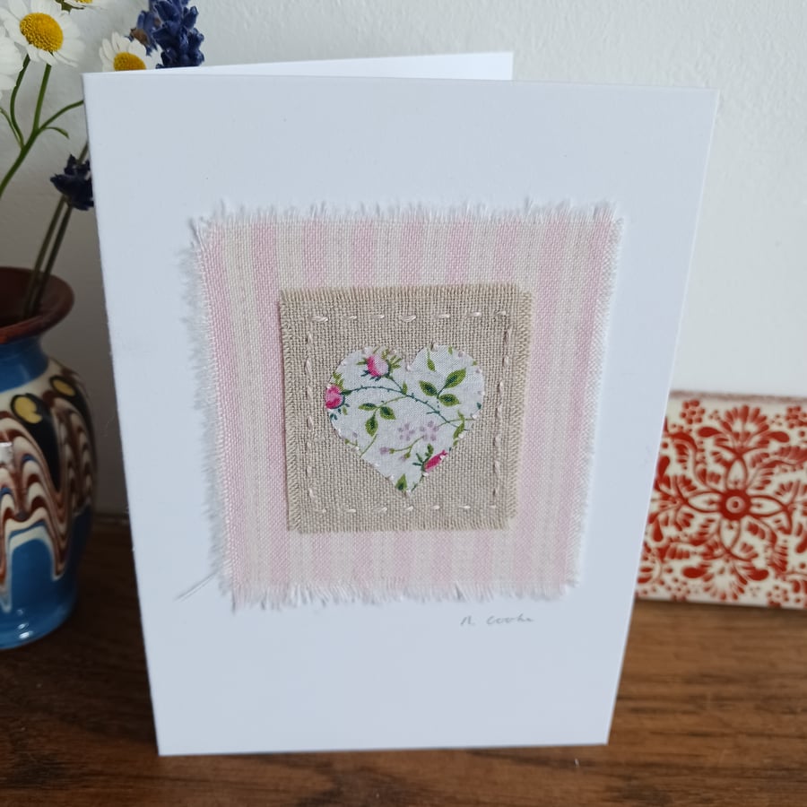 Liberty Floral Heart hand stitched fabric card - CLEARANCE