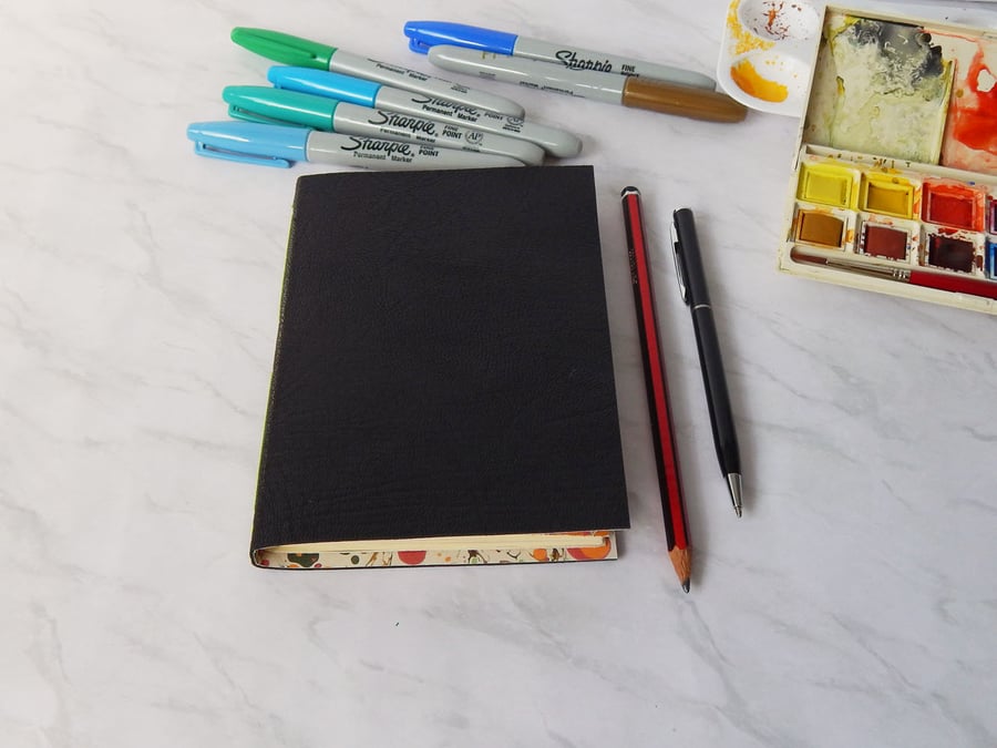 Black Leather Notebook, Sketchbook, marbled paper. Travel Journal, Gifts for Him