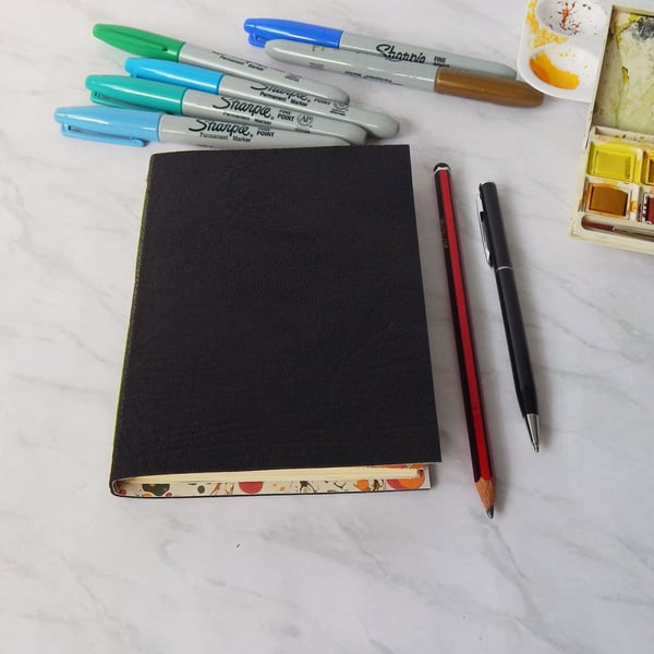 Black Leather Notebook, Sketchbook, marbled paper. Travel Journal, Gifts for Him