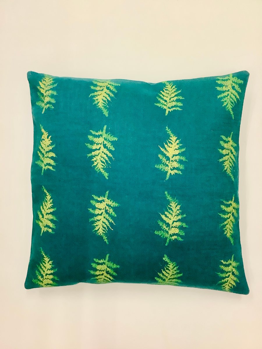 Green Small Fern linen cushion cover