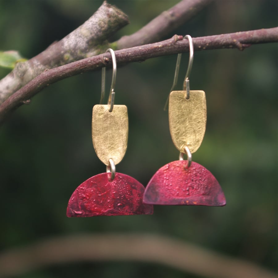 Red Copper and Brass Geometric Dangle Earrings