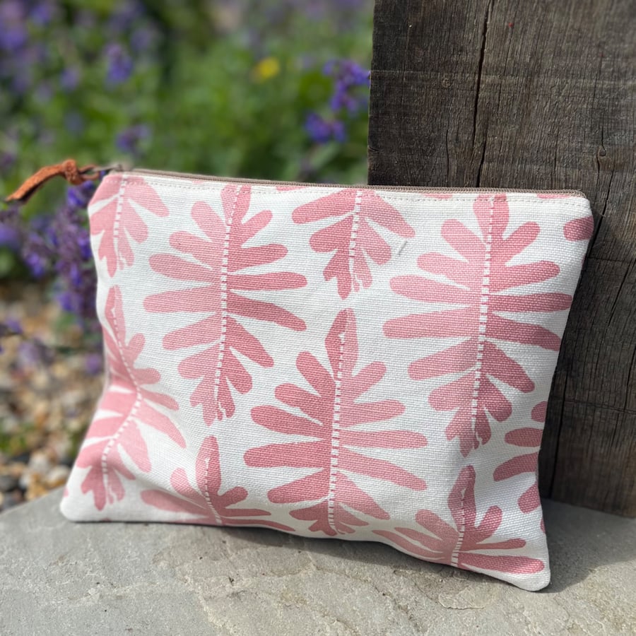 Pink and cream linen zip pouch