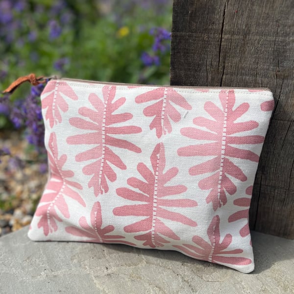 Pink and cream linen zip pouch