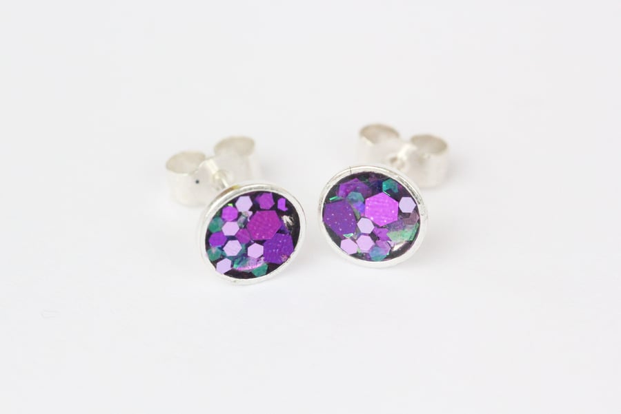 Purple glitter sparkle stud sterling silver earrings