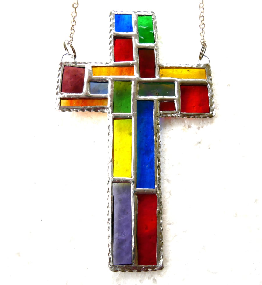 Stained Glass Cross Suncatcher Handmade Patchwork Rainbow 070