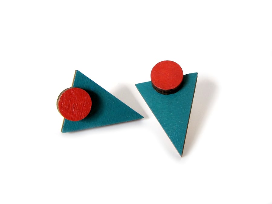 Teal Triangle and Terracotta Circle Geometric Shape Earrings
