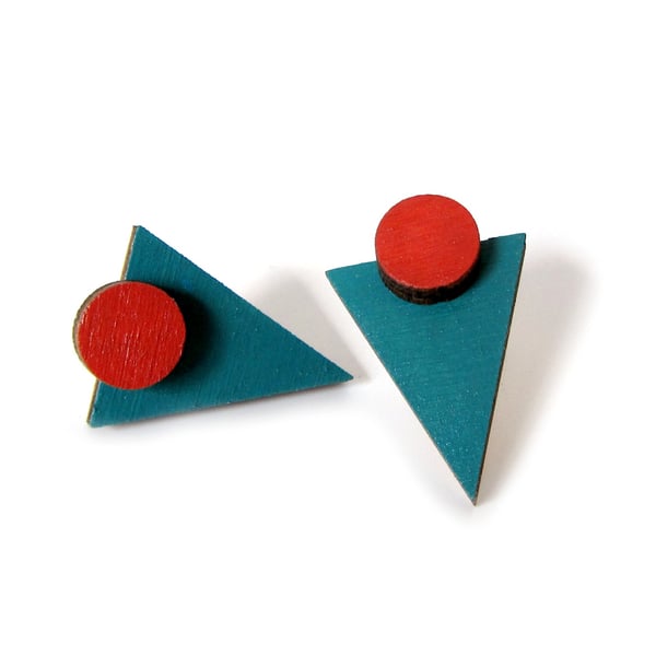 Teal Triangle and Terracotta Circle Geometric Shape Earrings