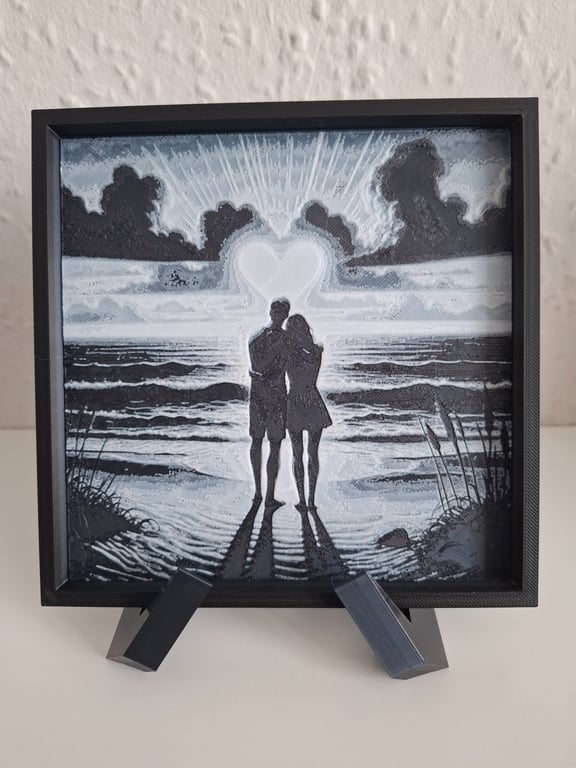 Couple at Sunset Heart 3D HueForge Print - 6 x 6 Inch - Framed 