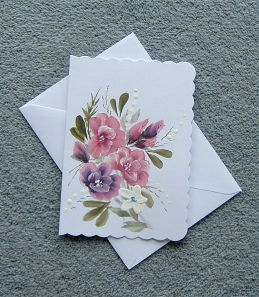 hand painted original art floral blank greetings card ( ref F 223 )