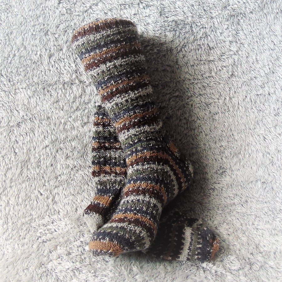 Brown and Grey Striped Socks, Warm Wool Socks, Hand Knitted Socks