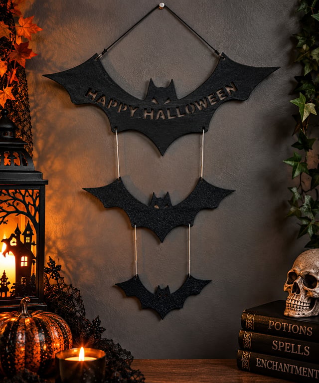 Happy Halloween Bat Wall Hanging – 3D Printed Gothic Halloween Decoration