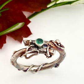 Twig Emerald Engagement Ring, Oxidised Sterling Silver made to order.