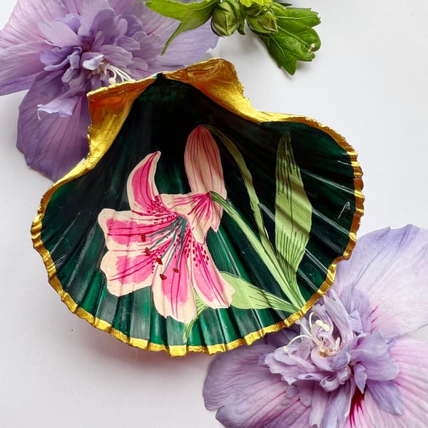 Hand Painted Shell Trinket Dish - Pink Lilies