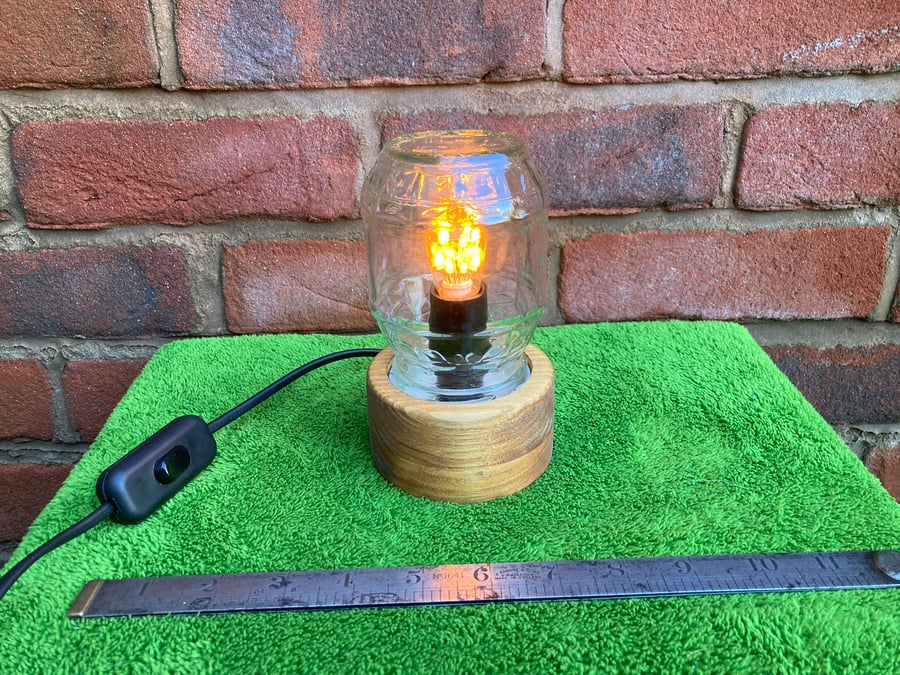 Marmalade Jar Table Lamp, Upcycled on Salvaged Wood Base