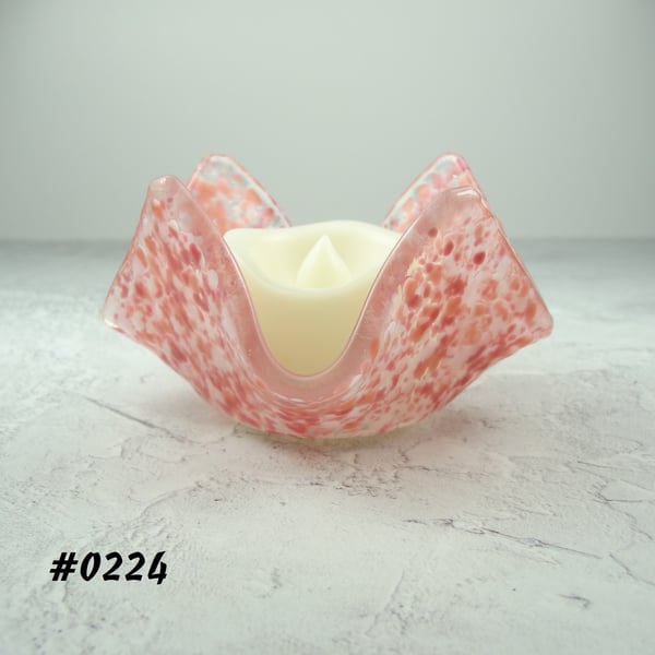 Pink textured fused glass tealight holder LED flickering flame candle (224)