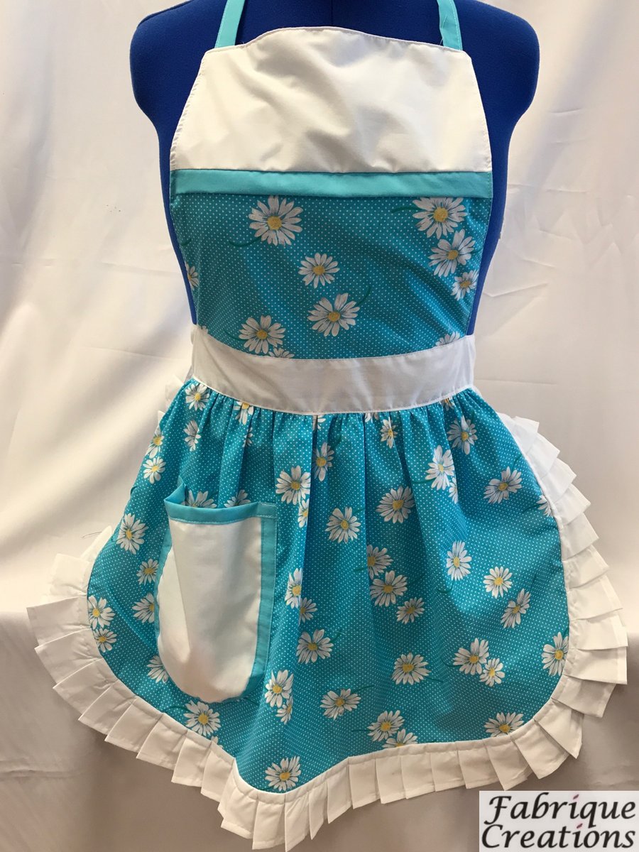 Vintage 50s Style Full Apron Pinny - Turquoise (Daisies) with White Trim