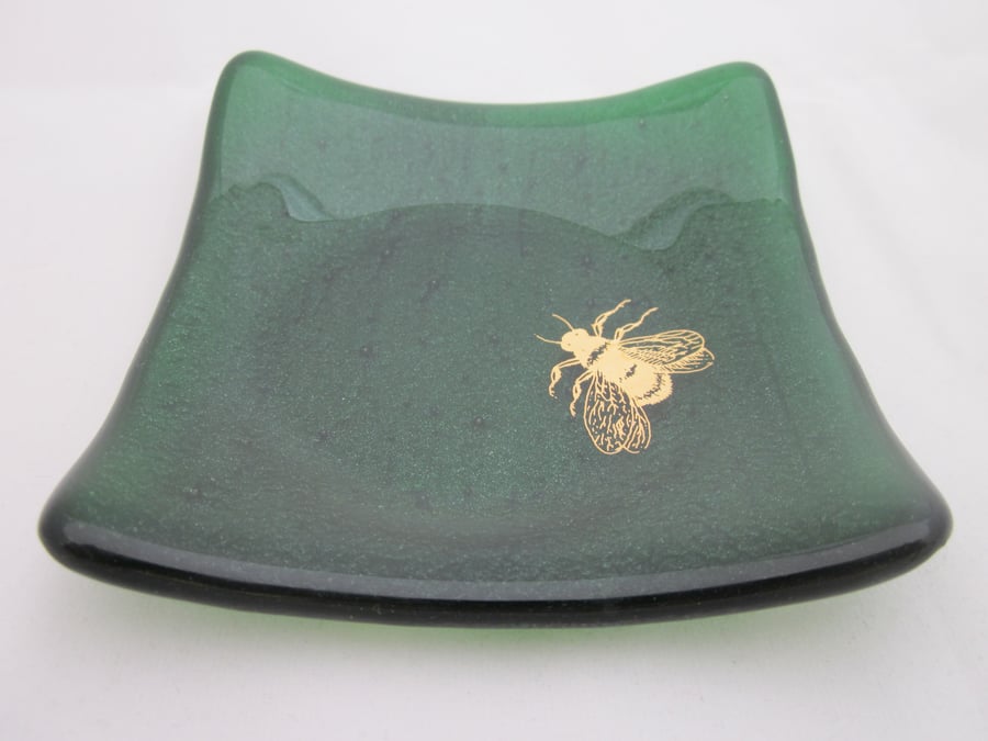 Handmade fused glass trinket bowl or soap dish - gold bee on green aventurine