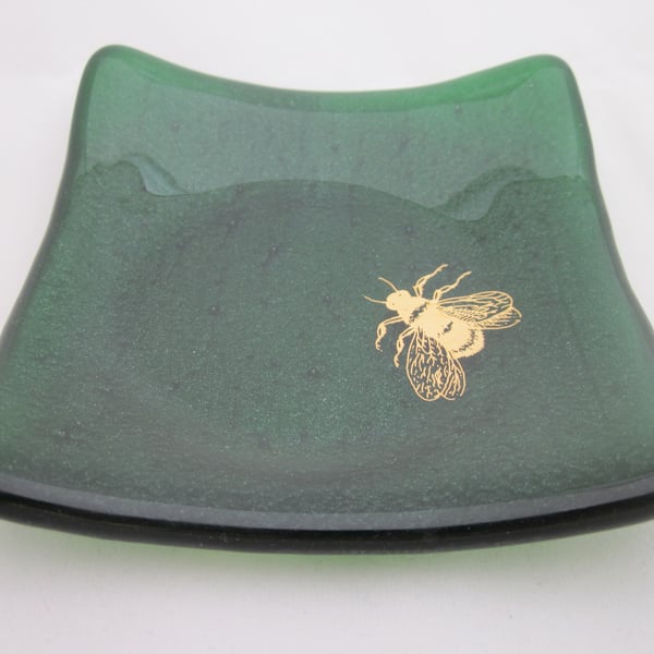 Handmade fused glass trinket bowl or soap dish - gold bee on green aventurine