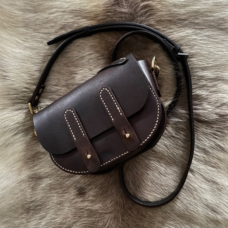 Brown leather mini satchel bag, made from an up-cycled horse saddle.