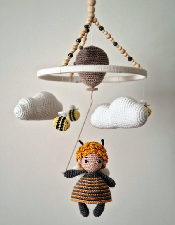 Baby Mobile - Handmade Crib Decor - Crochet Bee Themed Baby Shower Gift