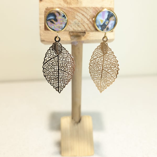 Purple mokume garne gold leaf earrings 