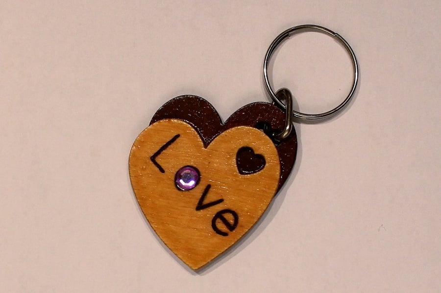 Double Heart Shaped Wooden Keyring