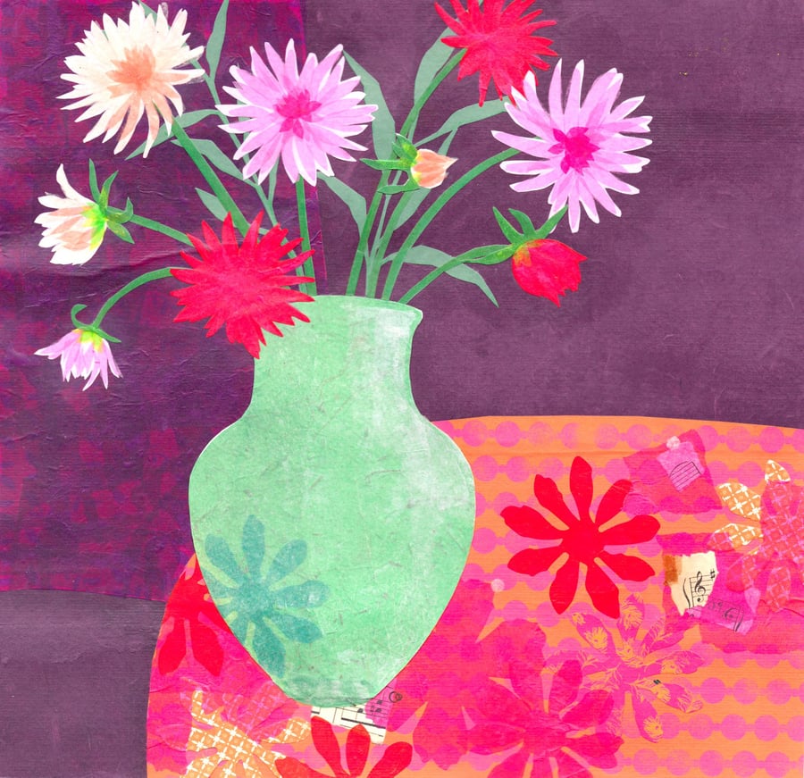 Dahlias Collage Fine Art Square Handmade Greeting Card