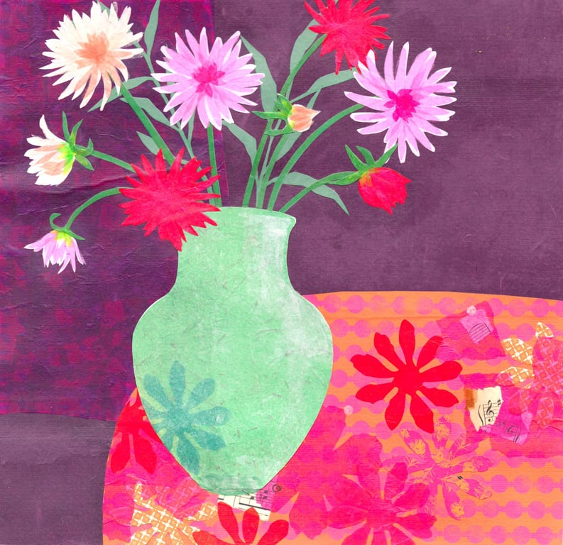 Dahlias Collage Fine Art Square Handmade Greeting Card